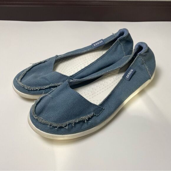 Crocs Blue Canvas Slip On Loafers Boat Shoes Women's Size 10 - Picture 2 of 13